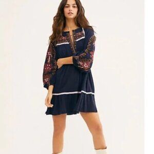 Free People Navy Blue  Embroidered Drop Waist Balloon Sleeve Mini Tunic Dress